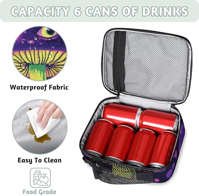 Mushrooms Insulated Lunch Box Kids Reusable Portable Lunchbox Bag with Adjustable Shoulder Strap and Water Bottle Holder for Work School Travel