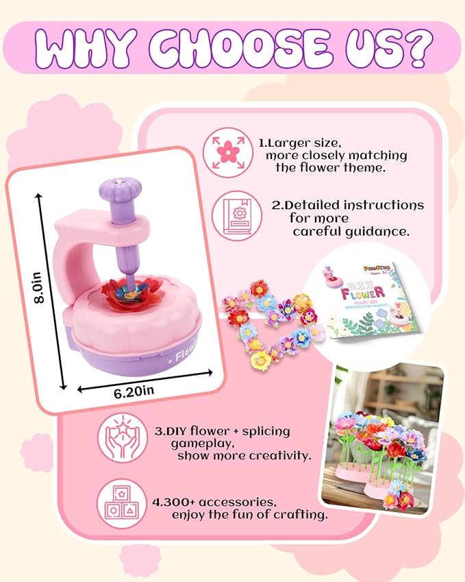 PERRYHOME Fabric Flower Bouquets Toys, 300+ Pcs DIY Flower Crafts for Kids, 2 Gameplays Educational Arts & Crafts Toy, Thanksgiving Birthday and Christmas Gift for 3 4 5 6 7 8 Years Toddler Girl