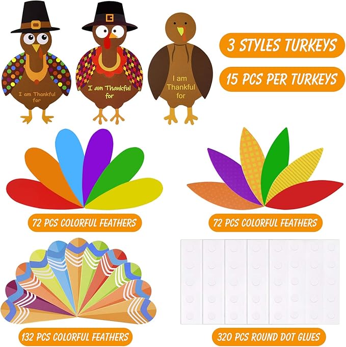 MIAHART 312 Pcs Thanksgiving Turkey Craft Kit DIY Turkey with Colorful Feathers and 320 Pcs Dot Glues Thanksgiving Stickers for Thanksgiving Party School Activities Decoration Supplies