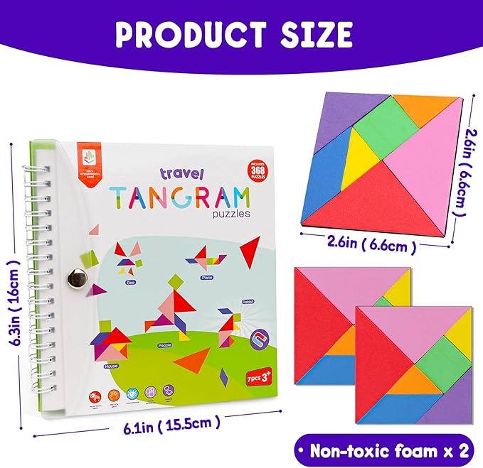 Travel Tangram Puzzle with 2 Sets Magnetic Jigsaw Boards & 368 Patterns and Solutions, Montessori STEM Airplane & Road Trip Games, Educational Brain Teaser Toy Gift for Kids & Adults