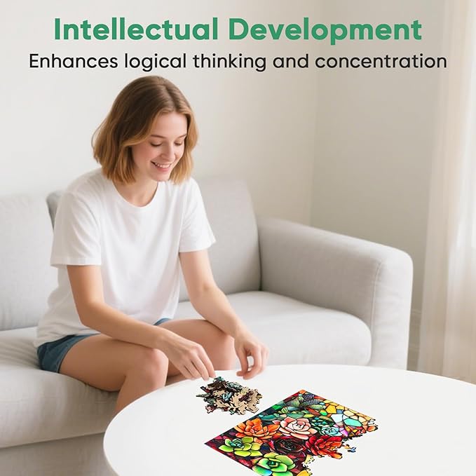 Wooden Puzzles for Adults, Stained Glass Succulent Puzzles 200 Pieces, Unique Shaped Jigsaw Puzzles for Adults and Kids, Birthday Gifts Fun Challenge Family Game 11.2'' x 11.2''