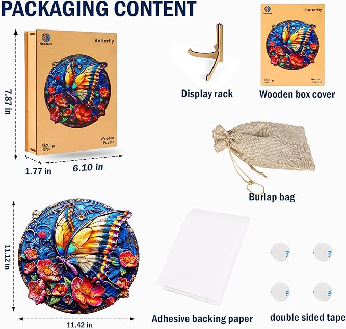 Wooden Puzzle for Adults, Butterfly Wood Puzzle, Wooden Jigsaw Puzzles with Exquisite Box, Unique Animal Shape Wood Cut Puzzles for Family Friend Puzzle Lovers, 200 Pieces 11.42" x 11.12"