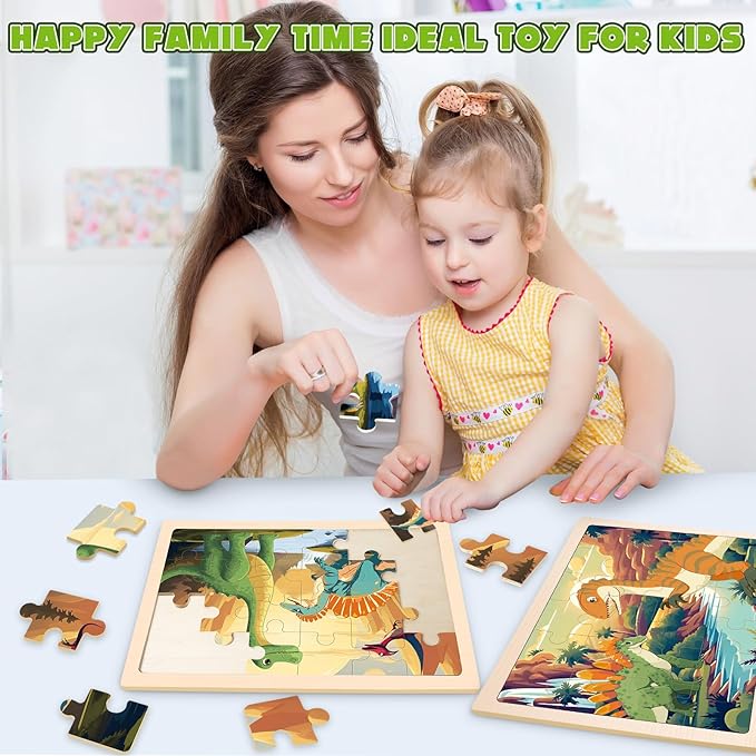 Wooden Dinosaurs Puzzles for Kids Age 3 4 5 Year Old, 4 Pack 24 Pcs Montessori Toddler Jigsaw Puzzles for Girl boy Activities Preschool Learning Educational Birthday Gift Travel Autistic Wooden Toys