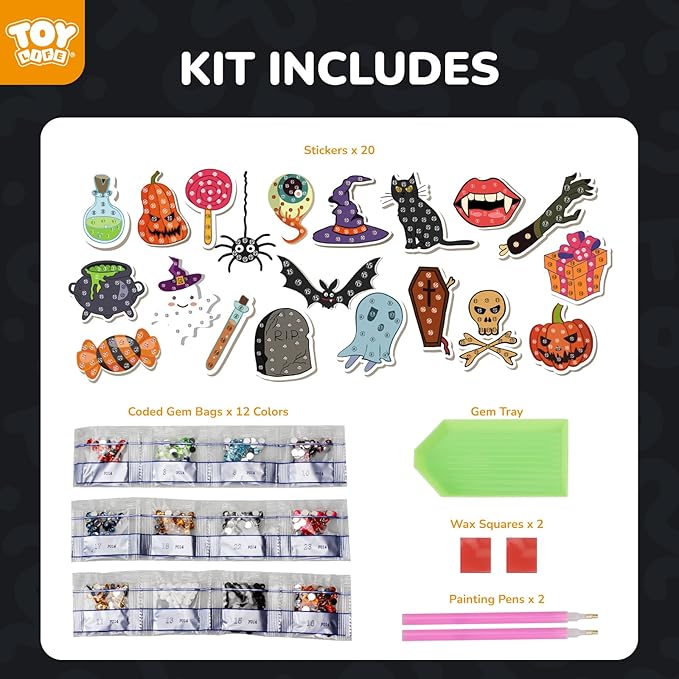 TOY Life Diamond Painting Kit 20PCS Gem Art Stickers for Kids, Halloween Fun Toys Pumpkin Ghost Witch Hat Crafts for Girls 8-12, Diamond Art Kits for Kids Birthday Gift Ideas