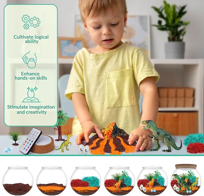 RONSTONE Dinosaur Terrarium Kit for Boys - Dinosaur Toys for Kids - DIY Your Own Light Up Terrarium Kit World - Christmas Birthday Dinosaur Gifts for Boys and Kids 5-7