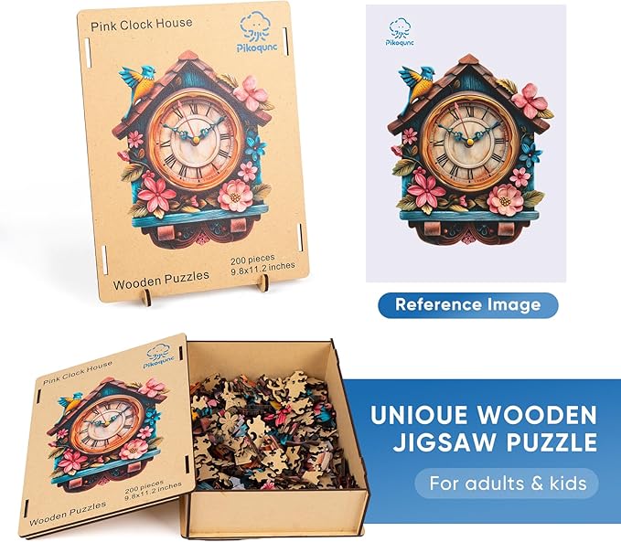 Wooden Puzzle for Adults, Pink Clock House Jigsaw Puzzles for Adult, Unique Pieces Wood Cut Puzzles, Exquisiten Box Packaging, Toys for Friends Family (M-15.4 * 17.7in-500pcs)