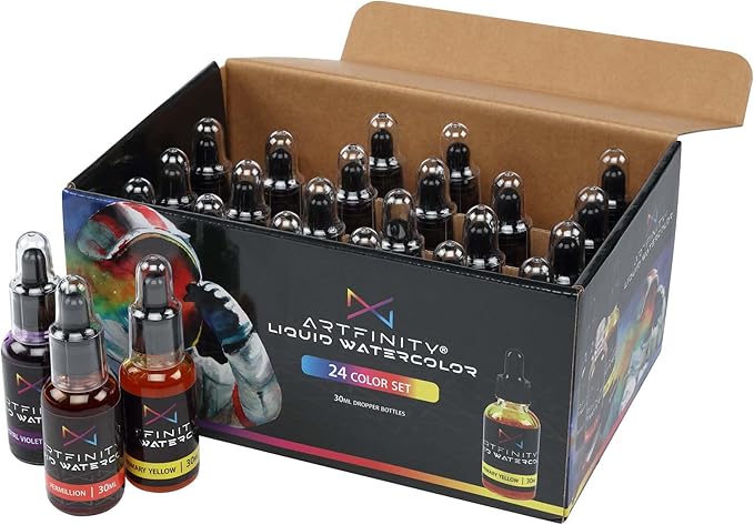 Artfinity Liquid Watercolor Paint 30 ml Bottles, Set of 24 Colors - Vibrant Dye-Based Liquid Watercolor w/Glass Pipette, Fast-Drying, Fine Art Paint for Calligraphy, Airbrushing & Traditional Art