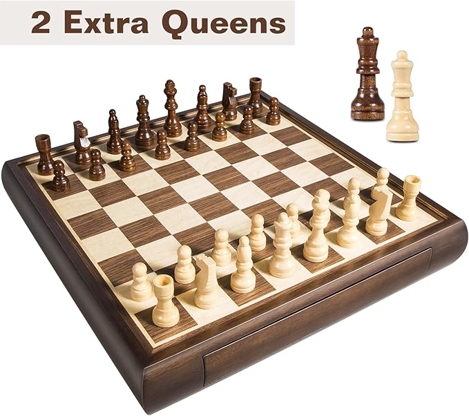 2 in 1 Magnetic Chess Set & Chinese Checkers 13" Wooden Board Game with Storage Drawer and 60 Glass Marbles + Bonus 12 Spare & 2 Extra Queens,for Kids and Adults