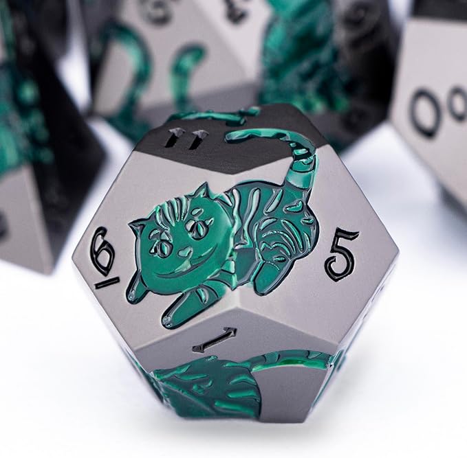 Metal DND Cat Dice 7PCS Polyhedral RPG Dice Set with Gift Case for Dungeons Dragons Role Playing Game, D and D Dice D6 D8 D10 D12 D20 D% (Grey Green)