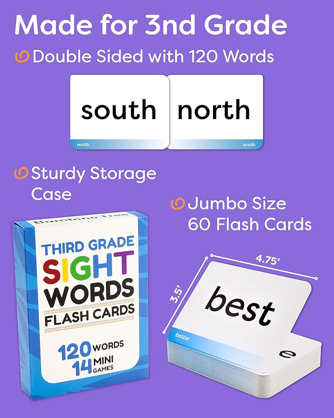 Sight Words Flash Cards 3rd Grade - 120 High Frequency Words from Dolch's and Fry's Lists for 8-9 Years