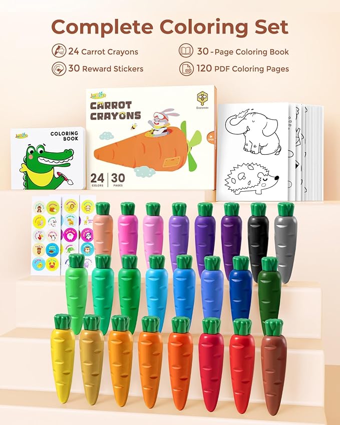 24 Colors Crayons for Toddlers 1-3, Non Toxic Beeswax Carrot-Shaped Toddler Crayons with 30-Page Coloring Book and 120 PDF Pages, Mess-Free Coloring for Kids Ages 2-4 4-8 Art Supplies Gift