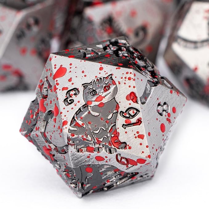 Metal DND Cat Dice Polyhedral RPG Dice Set with Gift Case for Dungeons Dragons Role Playing Game, 7PCS D and D Dice D6 D8 D10 D12 D20 D% (Blood)
