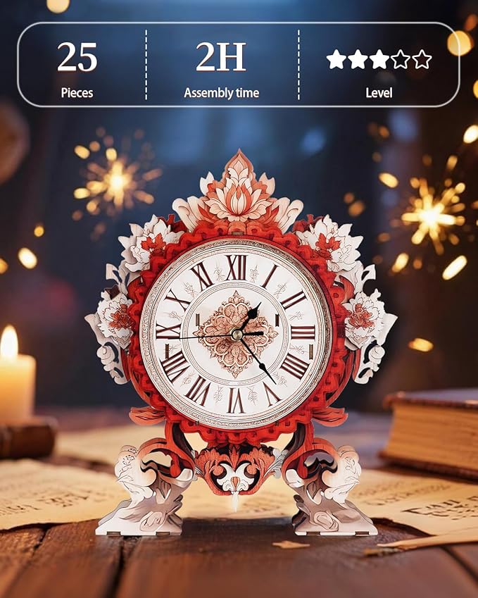 3D Wooden Puzzles for Adults, 3D Puzzles Flame Flower Clock Kit (with Pendulum), Wooden Puzzle for Adults Teens Home Wall Decor Clock Christmas Day Puzzle Gifts for Adults