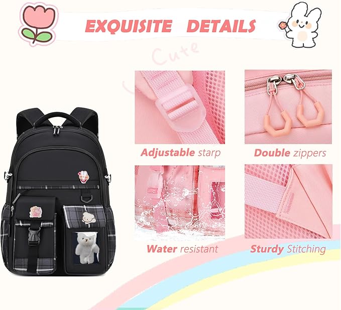 Girls Backpack,Cute School Backpack for Girls Kids Teens,Kawaii Bookbag for Primary Elementary,Black