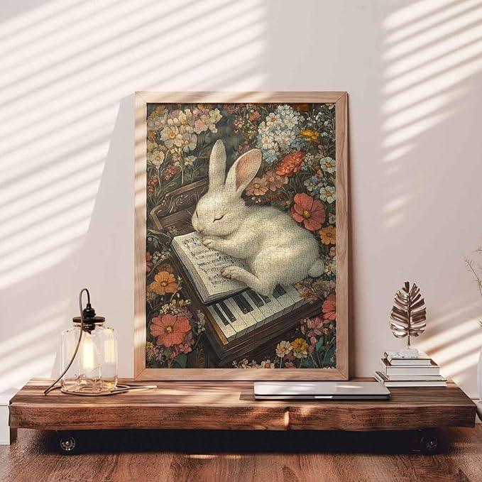 Wildlife Rabbit Lying On Piano Sheet Music 1000 Pieces Adult Jigsaw Puzzle,Musical Instrument Antique Piano Bunny Puzzle Lovers Vibrant Illustrations and Challenging Relaxing Great Gift Idea