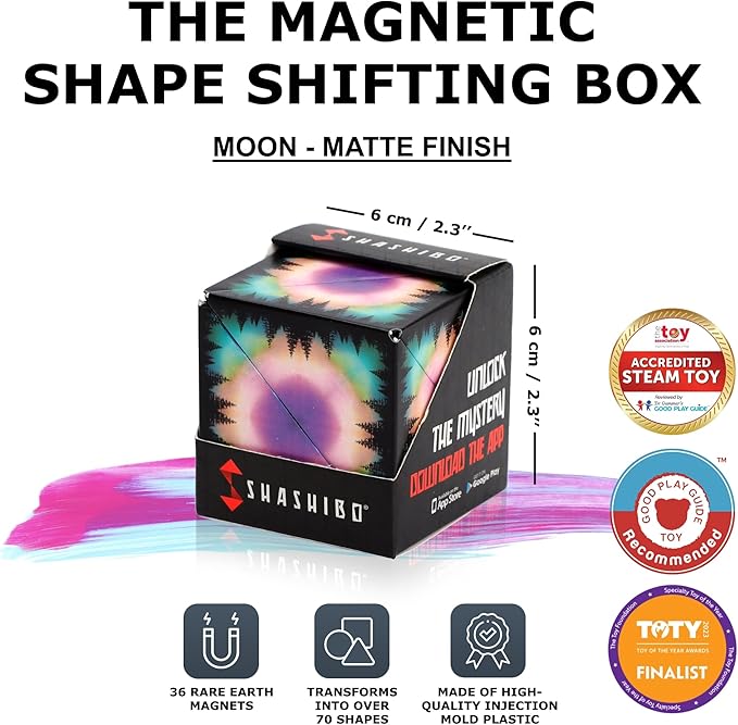 SHASHIBO Shape Shifting Box - Award-Winning Fidget Toy w/ 36 Rare Earth Magnets - Fidget Cube Transforms Into Over 70 Shapes, Sensory Toy Gift for Kids, Teens, and Adults (Moon)