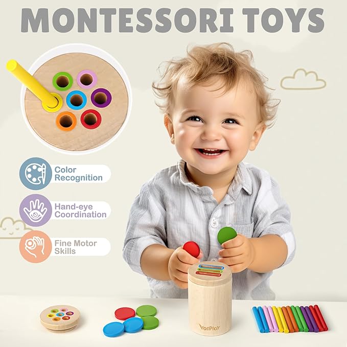 Vanplay Montessori Toys for 2 Year Old - Wooden Learning Color Sorting Toys for Toddlers, Fine Motor Developmental Infants Sensory Matching Games 18 Month Old Baby Boys Girls Gifts