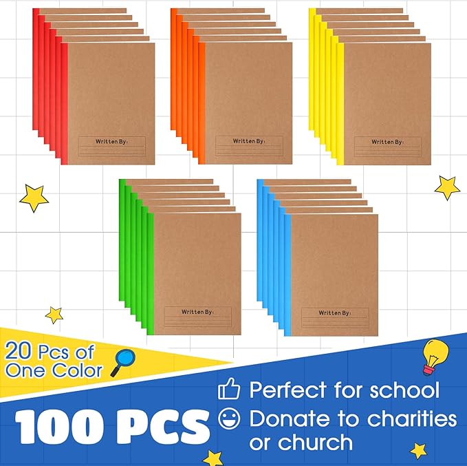 Henoyso 100 Pack Bulk Primary Composition Notebooks for Kids - Wide Ruled Journal with Picture Space, 60 Pages, Rainbow Spine, 9.75 x 7.5 in for Office, School, Journaling, Back to School Supplies
