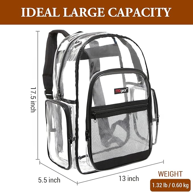 17 Inch Clear PVC Backpack with Black Trim and 5 Zipper Compartments, Transparent School Bookbag for Boys Girls, Travel or Work Bag for Men Women