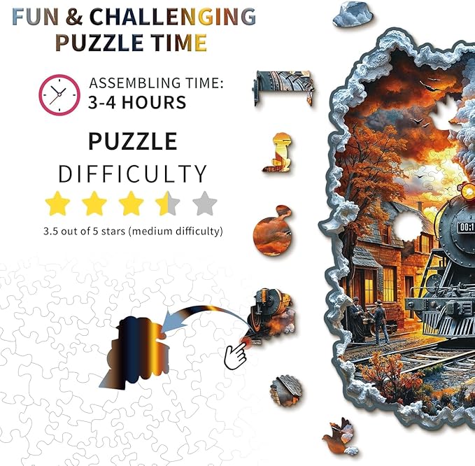 Wooden Puzzles for Adults 255 Pices, 3D Steam Train Wooden Jigsaw Puzzle, Flat Puzzels with 3D Visual Effect, Steam Train Irregular Jigsaw Puzzles, Finished Puzzle Size is 11.6 * 11.5 in