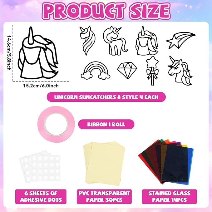 QOUBAI 32 Sets Unicorn Rainbow Suncatchers Craft Kit DIY Window Stained Glass Effect Diamond Star bow Paper Crafts Home School Classroom Decoration Kid Birthday Gift Creative Art Project Activity Game