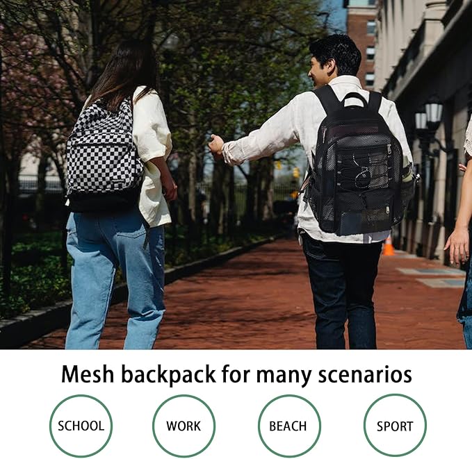 Mesh Backpack Heavy Duty for School, 23L Mesh Bookbag for Adults, See Through Black Mesh School Bag with Laptop Pocket for Work Swimming Beach Fitness Sport