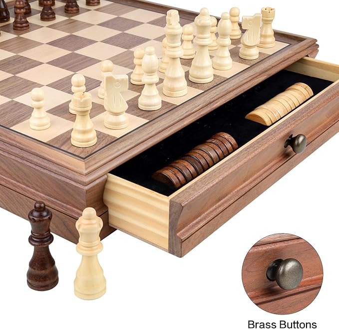 REEIVER 15" Wooden Chess Sets with Built-in Storage Drawer, 2 in 1 Chess& Checkers Board Games for Adults and Kids