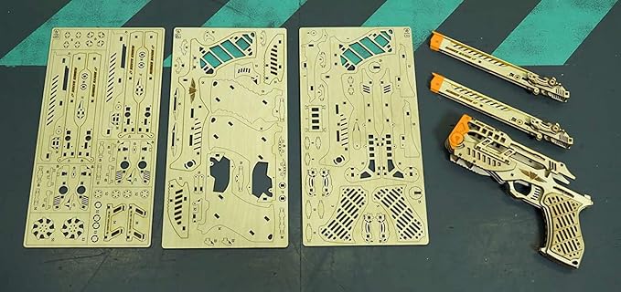 Wood Trick Cyber Gun 3D Wooden Puzzle - Rubber Band Gun Pistol - Shoots up to 20 feet - Wood Model Kit for Adults and Kids to Build - 14+