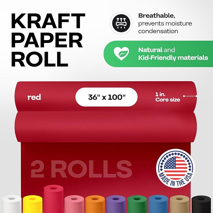 36" x 1200" (100 ft) Red Kraft Paper Roll, Pack of 2 - USA-Made Quality Craft Paper for Gift Wrapping, Kids' Arts & Crafts, School Projects - 100% Recycled, 50 lb Natural Material by IDL Packaging