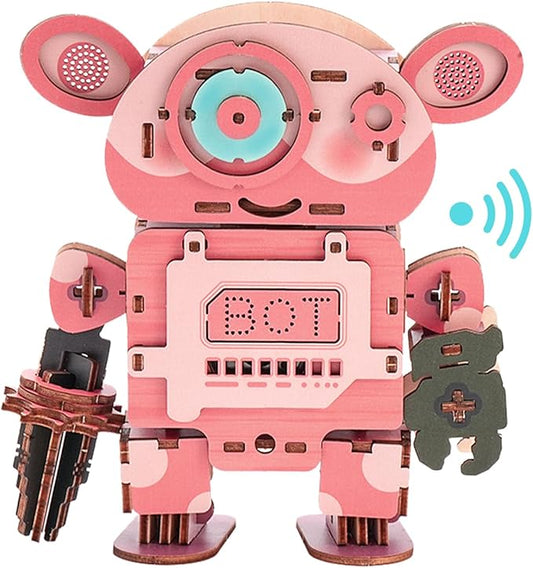Kosmickiss 3D STEM Wooden Puzzles for Kids, 3D Wooden Models with Voice Recorder, Science STEM Building Kit Creative Craft Toys for Boys Girls Age 8-13 Years Education Birthday Gifts (Pink Robot)