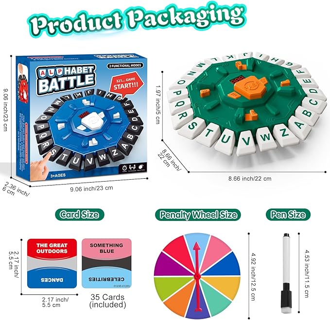 Family Board Word Games for Kids & Adults w/Display Timer, Fast Paced 24-Letter Learning Party Card Game with Spinning Penalty Wheel, 2 Modes & 220 Topics, Xmas & Birthday Gifts, Green