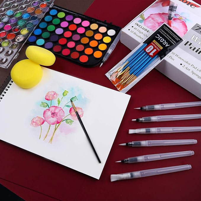 Watercolor Paint Set, 48 Color Watercolor with 10 PCS Nylon Brushes,6 PCS Refillable Water Brush Pen, 10 Page Pad(A4) and 2 PCS Art Sponges. Watercolor Paint set for Adults,Children and Beginners.