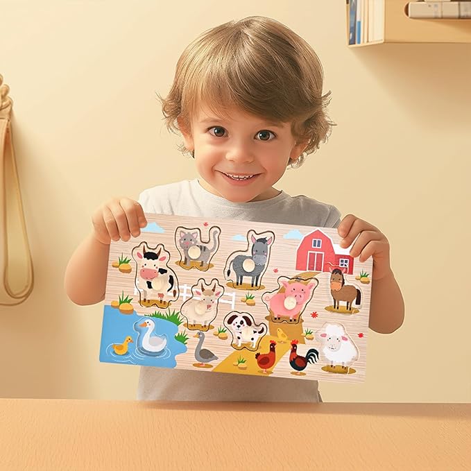 Wooden Peg Puzzles for Toddlers 1-3, 2 Pcs Montessori Educational Learning Puzzle Toy Sets - Animal & Sea Themes Puzzles, Great Preschool Gifts for Girls and Boys (6.29 * 11.61in)