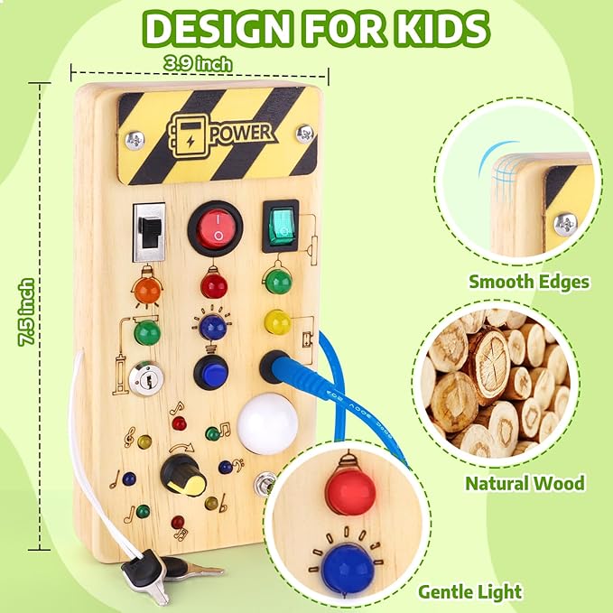 Busy Board with led Light, Sorting Sensory Travel Toys for Toddlers 1-3, Wooden Toddler Busy Board Montessori Toys for 1+ Year Old