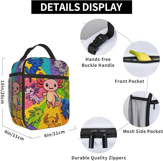 Colorful Axolotl Lunch Bag for Women Men Adults, Insulated Lunch Box for Work, Sports, Travel, Picnic,Hiking, Fishing, Cute Cartoon Salamander Theme Lunchbox Gifts