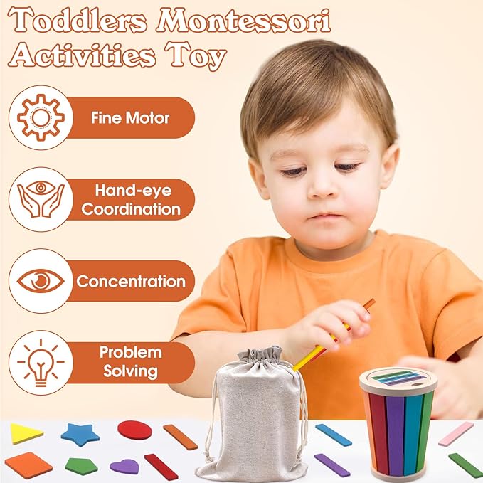 Montessori Toys for 1 2 3 Year Old, Wooden Color Sorting Stacking Toys for Toddlers 1-3 Year Old, Fine Motor Skills Developmental Sensory Toy Preschool Learning Toys 1-3