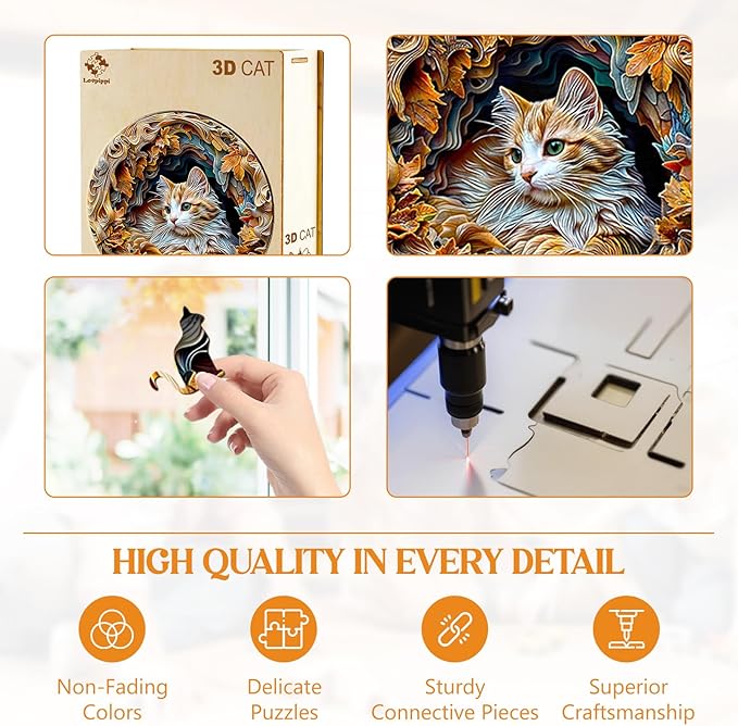 Wooden Puzzles for Adults, Wooden Jigsaw Puzzles for Adults Kids, 3D Vision Effect-3D Cat Unique Shaped Wood Puzzles Adult, Creative Birthday Gifts for Friends Family Game(8.5 * 8.5in 100pcs)