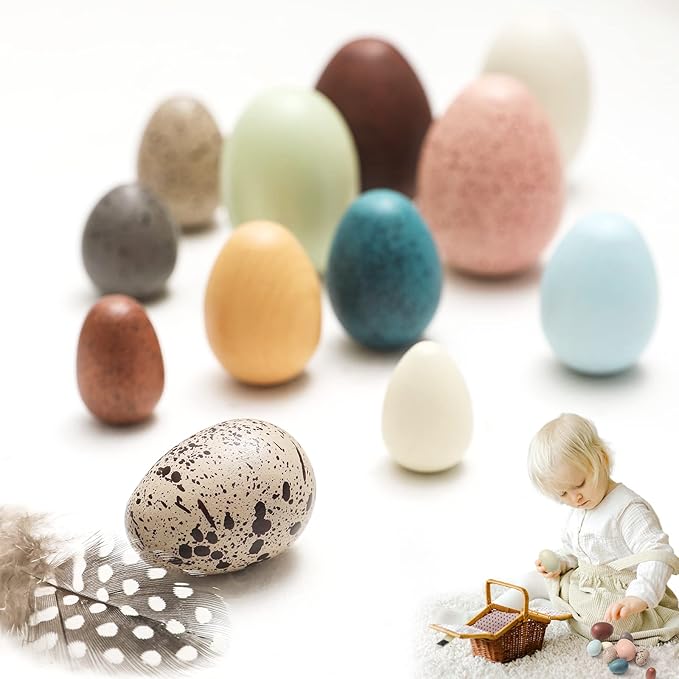 OESSUF Wooden Fake Eggs Easter Eggs Play Eggs for Toddlers Pretend Wood Egg Decor for Play Kitchen Artificial Decorative Eggs for Crafts Toy Food (12PCs)