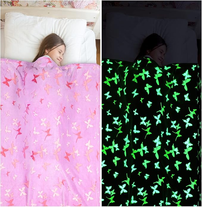 Glow in The Dark Blanket Butterfly Gifts for Kids Girls Birthday Christmas Bedroom Bed Room Decor Soft Cozy Fluffy Plush Fleece Premium Luminous Throw Fun Cool for Teen Toddler 50"x60"