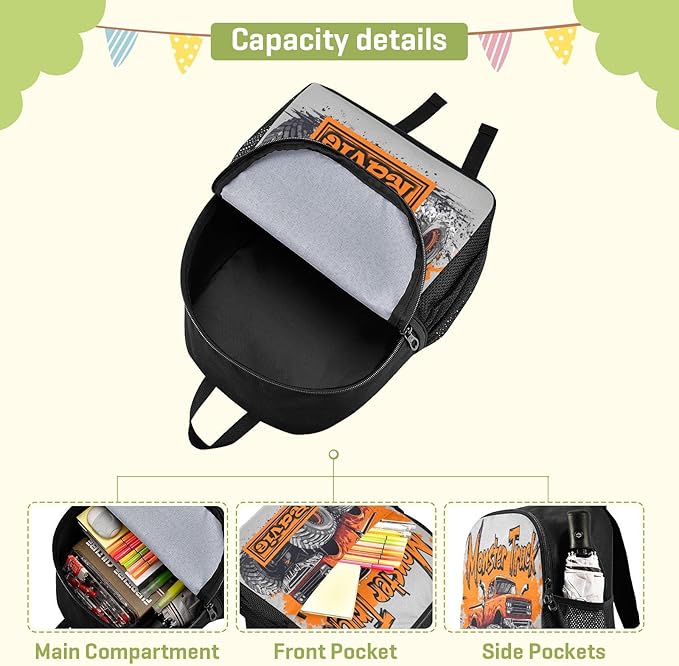 Monster Truck Gray Toddler Backpack for Boys Girls 3-6 Bookbag for Preschool Small Kindergarten Elementary Backpackss for Kids for Travel