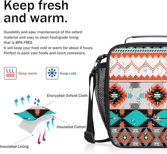 Aztec Lunch Bags for Women Insulated Lunch Boxes Western Rectangular Waterproof Lunch Tote Bag with Adjustable Shoulder Strap Portable Picnic Bag for School Work Outdoor Kid Girls Gifts