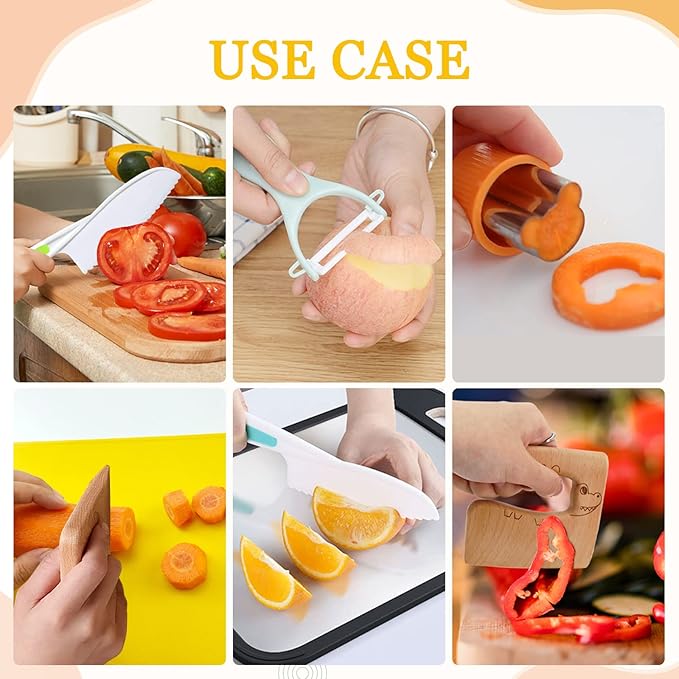 RISICULIS Wooden Kids Cooking Sets Real, Kids Knife Set Include Wood Kids Safe Knife, Serrated Edges Plastic Toddler Knife, Sandwich Cutter, Toddler Kitchen Kids Cooking Gifts for Kids