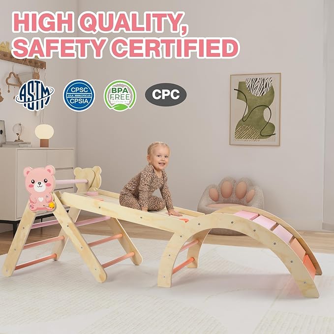 Pikler Triangle Set with Cushion, 7 in 1 Climbing Toys for Toddlers Inside, Montessori Foldable Climbing Set, Wooden Climbing Toys Indoor with Arch, Ramp and Ladder(Bear)