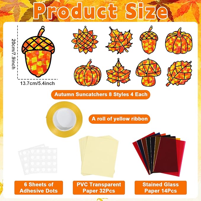 32 Sets Fall Thanksgiving Suncatchers Craft Kit DIY Window Stained Glass Effect Autumn Harvest Paper Crafts Home School Classroom Decoration Kid Birthday Gift Creative Art Project Activity Game