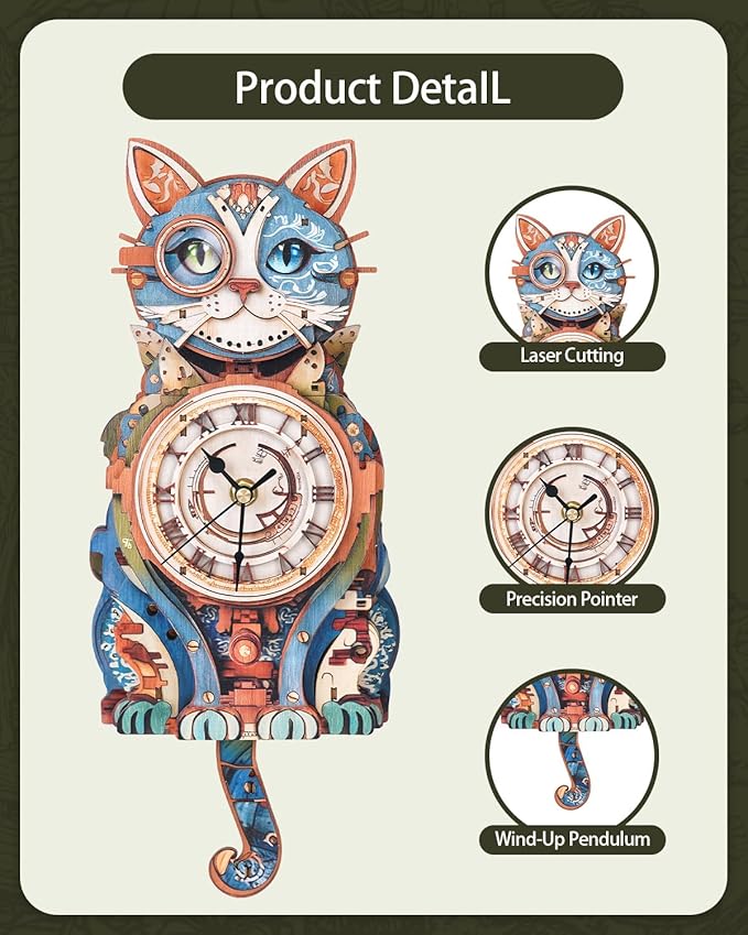 3D Wooden Puzzles for Adults, Detective Cat Clock with Pendulum Model Kit, 3D Puzzles for Adults Room Home Decor DIY Wall Clock Kit, Holiday Birthday for Men Women Teens