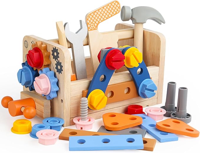 Wooden Kids Tool Set, 38PCS Educational STEM Construction Toys for 3+ Toddler, Wooden Tool Bench Montessori Toy Tool Box for 3 4 5 YO Boys & Girls Birthday Gift (36Pcs)