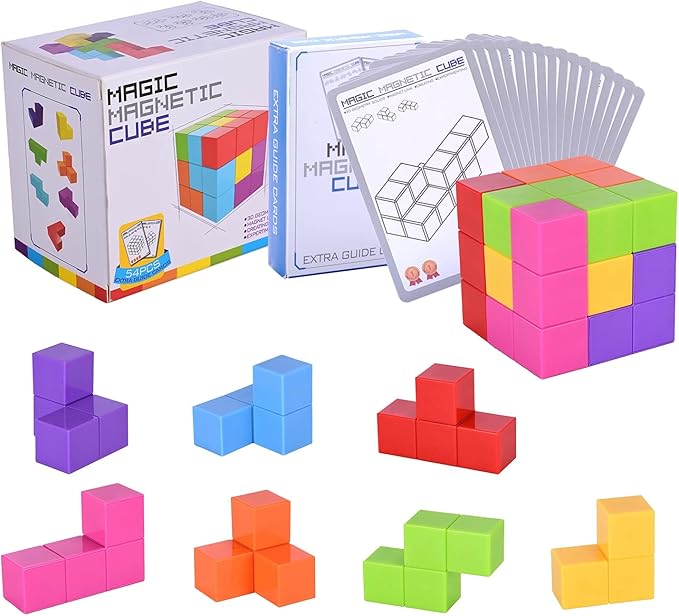 WorWoder Kids Magnetic Building Blocks Magic Magnetic 3D Puzzle Cubes, Set of 7 Multi Shapes Magnetic Blocks with 54 Guide Cards, Intelligence Developing and Stress Relief Fidget Toys for Kids(Pink)