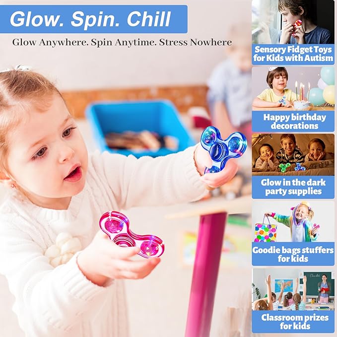 Fidget Spinner for Kids 2 Pack, Light up Sensory Fidget Toys Adults Kids 4-8-12 with Autism ADHD, Anxiety Toys Stress Relief Teen Boy Gifts, Glow in The Dark Party Favors Fidgets Classroom Prizes
