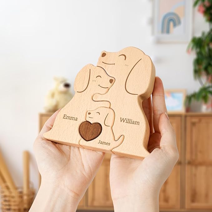 Wooden Dogs Family Puzzle, Personalized Puzzles with 2–5 Names, Father's Day Personalized Gifts for Mom Dad Kids Teen Boys Girls Grandma, Toddler Men Mother's Day Birthday
