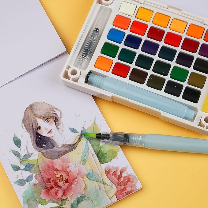 Watercolor Painting Set, Travel Paint Set Graspable Paint Set Portable Watercolor Sketching Kit with Water Pen,24 Sheets Watercolor Papers,3 Tutorial Video-30colors